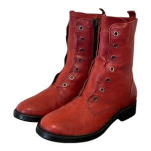 Size 6.5 Vintage short fire engine red genuine leather women zip up ankle boots.
